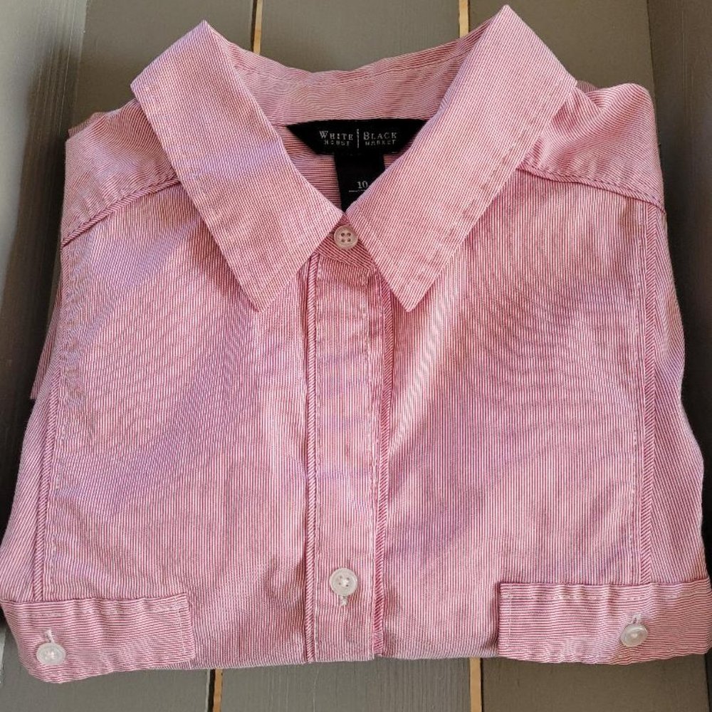 White House Black Market Women's 10 Button Down Blouse Red White Stripe Tab Roll